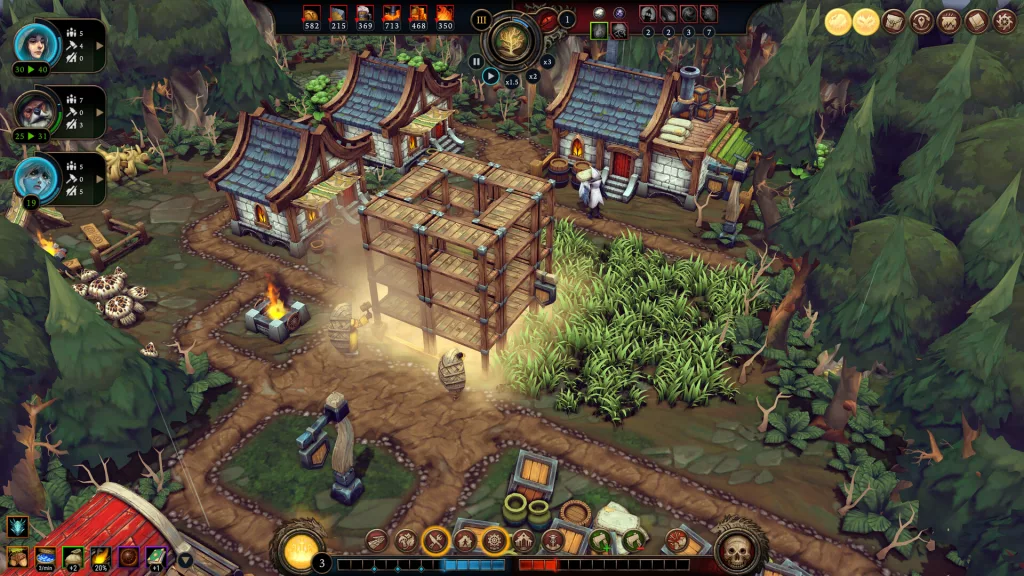 Against the Storm gameplay showing a village with buildings and resource management UI.