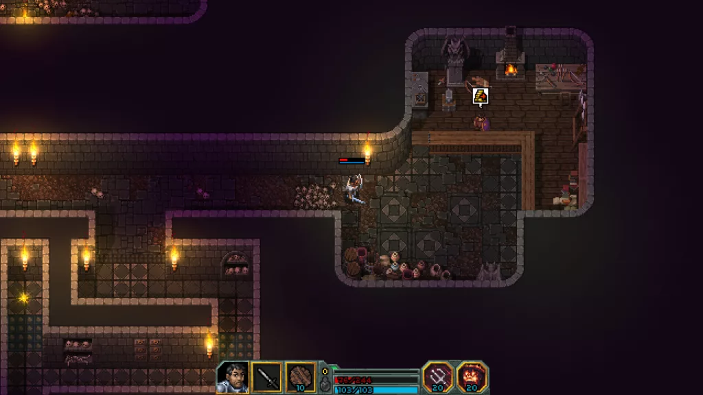 A dark dungeon-crawling scene in Heroes of Hammerwatch II, where a warrior explores a candle-lit stone corridor filled with skeletons, loot, and an NPC in a hidden chamber.