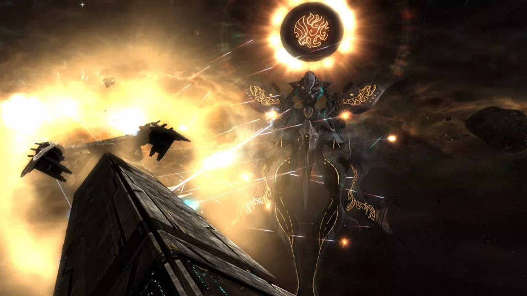 What is Sins of a Solar Empire: Rebellion? A colossal spaceship engaged in a fierce battle amidst a backdrop of a radiant sun and explosions in Sins of a Solar Empire: Rebellion.