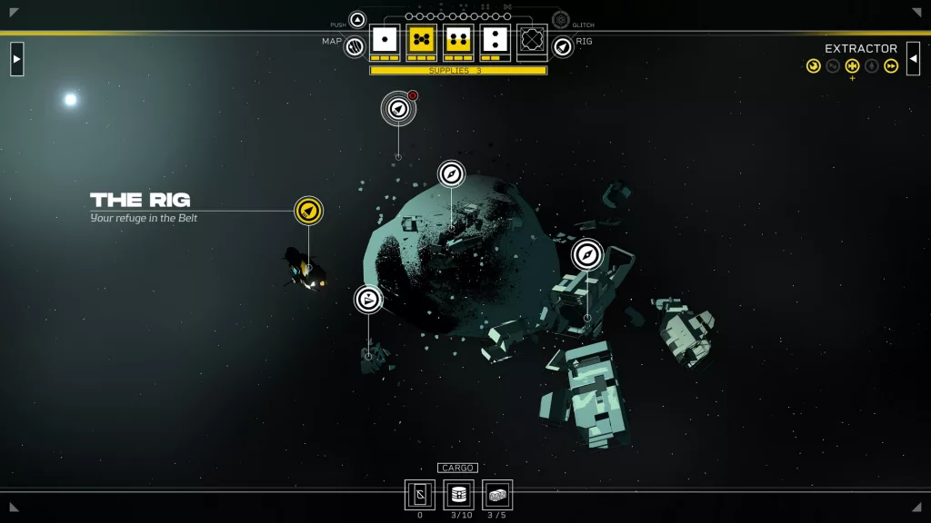 A strategic space map from Citizen Sleeper 2, displaying an asteroid base named ‘The Rig’ surrounded by floating debris, with various navigation points and a resource management interface.