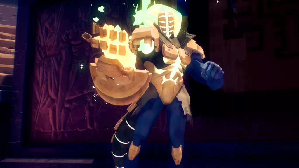 Hyper Light Breaker character with glowing armor and a massive, fiery gauntlet in front of an ancient mural.