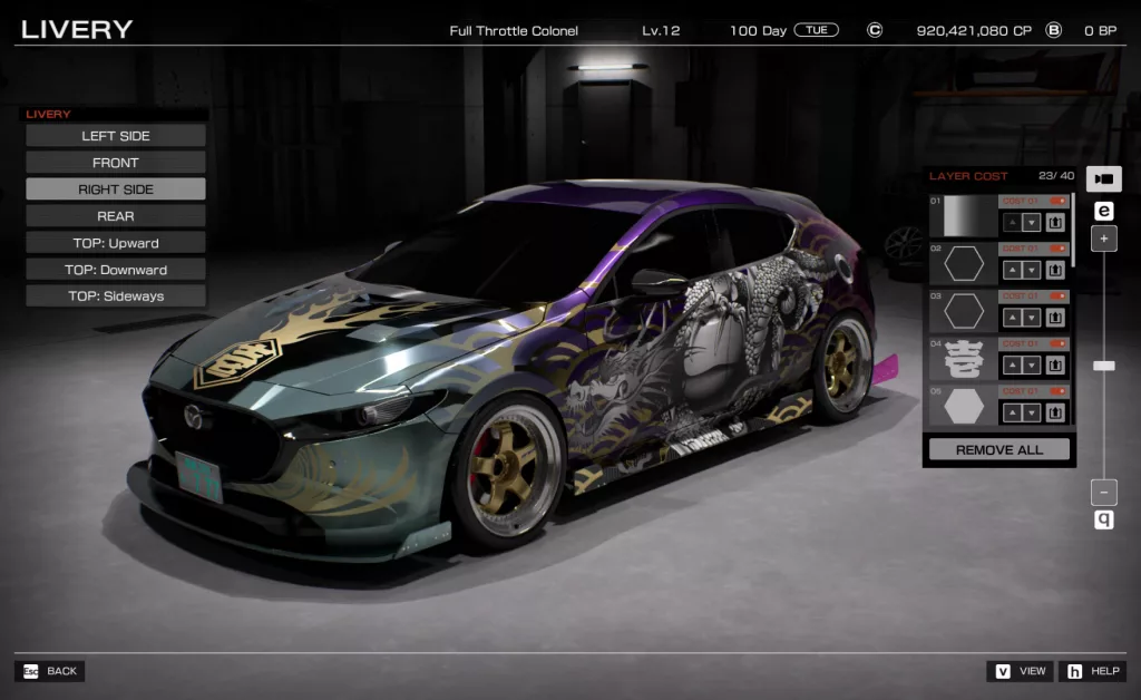 A customized Mazda with intricate dragon and flame designs in the livery editor of Tokyo Xtreme Racer, set inside a dimly lit garage.