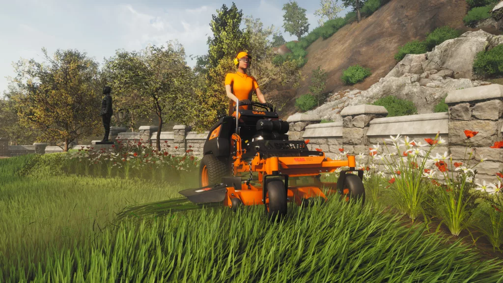 What is Lawn Mowing Simulator? A person driving a ride-on lawnmower cutting the grass in a landscaped garden in Lawn Mowing Simulator.