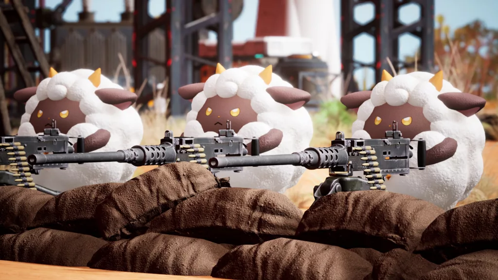 Three adorable sheep-like creatures, known as "Pals" in the game Palworld, manning a machine gun nest.