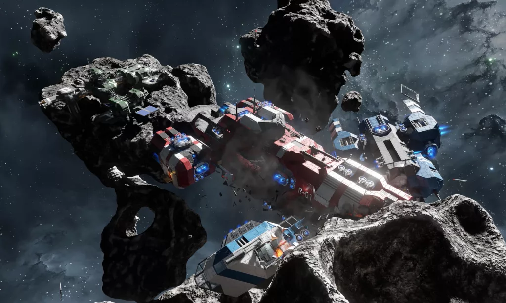 A red and white spaceship, labeled "R-01," is partially embedded in a large asteroid, with debris and smaller asteroids scattered around it in the dark, starry expanse of space.