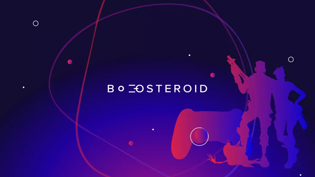A futuristic digital artwork featuring the Boosteroid logo, a game controller, and silhouettes of armed characters, representing cloud gaming.