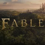 A scenic landscape with a distant castle and the title “Fable” overlaid in golden letters.