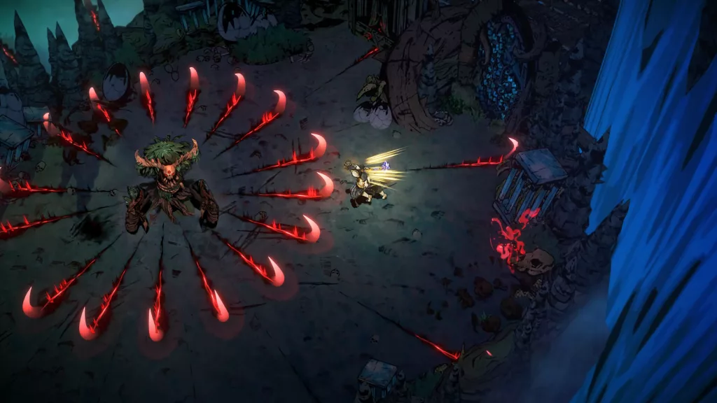 A warrior dodges a massive wave of red projectiles unleashed by a monstrous, skull-faced tree boss in SWORN.