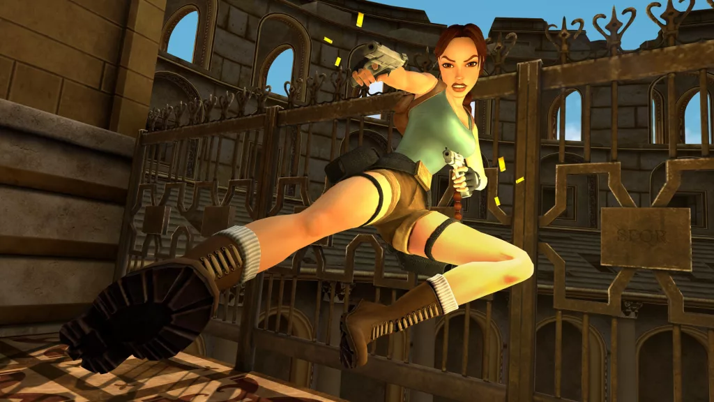 Lara Croft leaps through the air while firing her dual pistols in a Roman-inspired environment in Tomb Raider IV-VI Remastered.