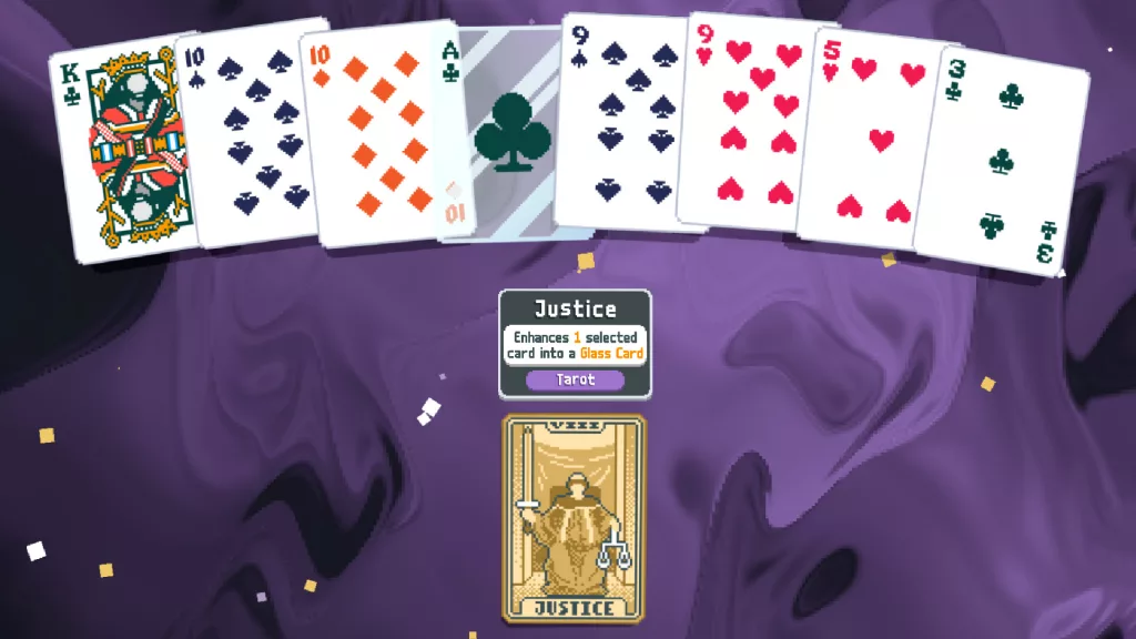 A deck of pixelated playing cards with a Justice tarot card enhancement in the game Baltro.