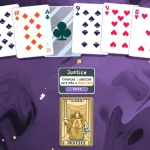 A deck of pixelated playing cards with a Justice tarot card enhancement in the game Baltro.