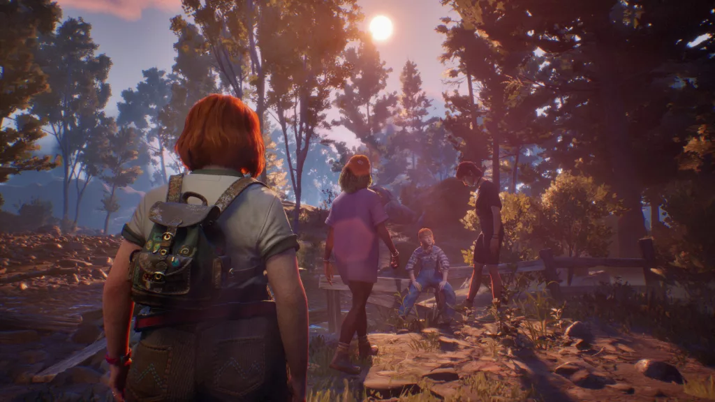 A red-haired girl approaches a group of friends in a sunlit forest, evoking a nostalgic atmosphere in Lost Records: Bloom & Rage.