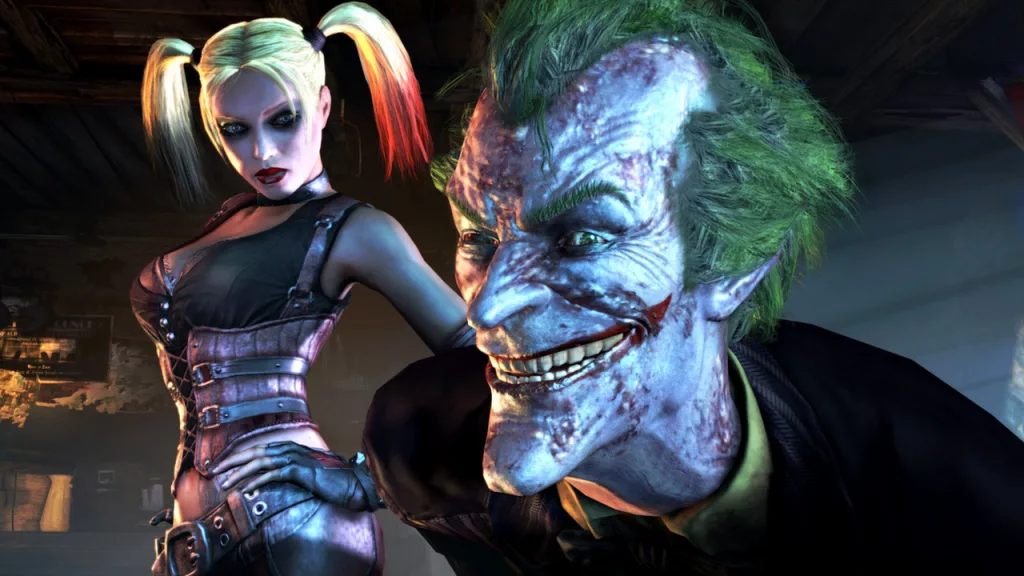 Joker grins menacingly while Harley Quinn stands behind him with a fierce expression.