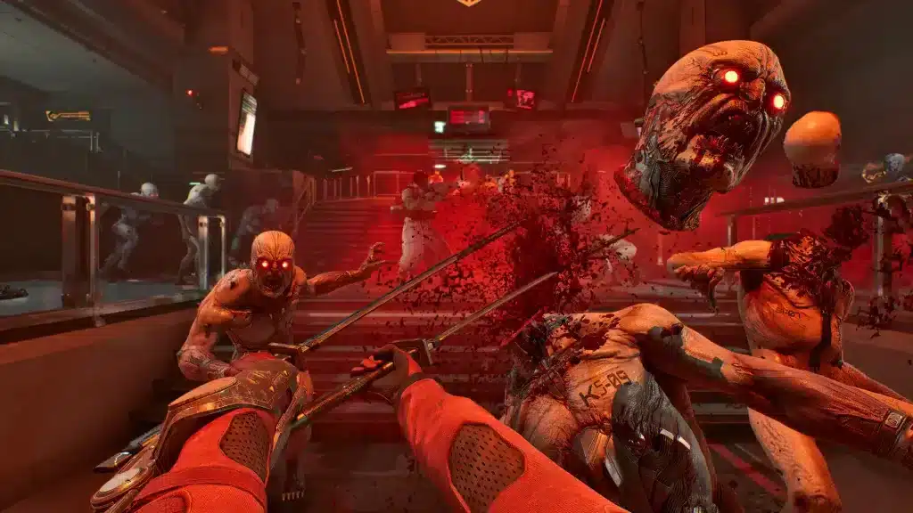 A brutal close-quarters melee battle in Killing Floor 3, as the player slices through Zeds with high-tech katana blades.