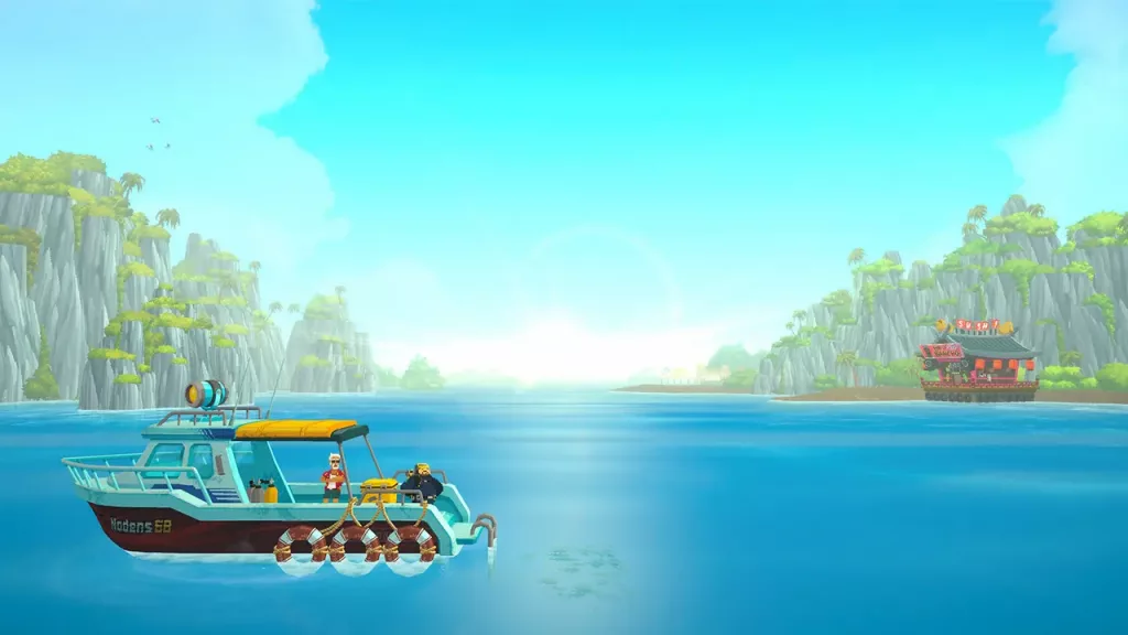 A colorful tropical ocean scene featuring a boat named Nodens 68 with two people on board, sailing between lush, rocky islands under a bright blue sky. A sushi restaurant on a floating platform is visible on the right, with palm trees and a Sushi sign.