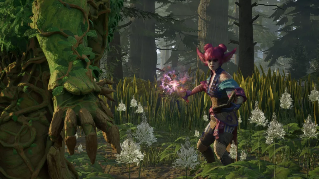 A pink-haired mage prepares a powerful spell while facing a towering, vine-covered forest creature in Avowed.