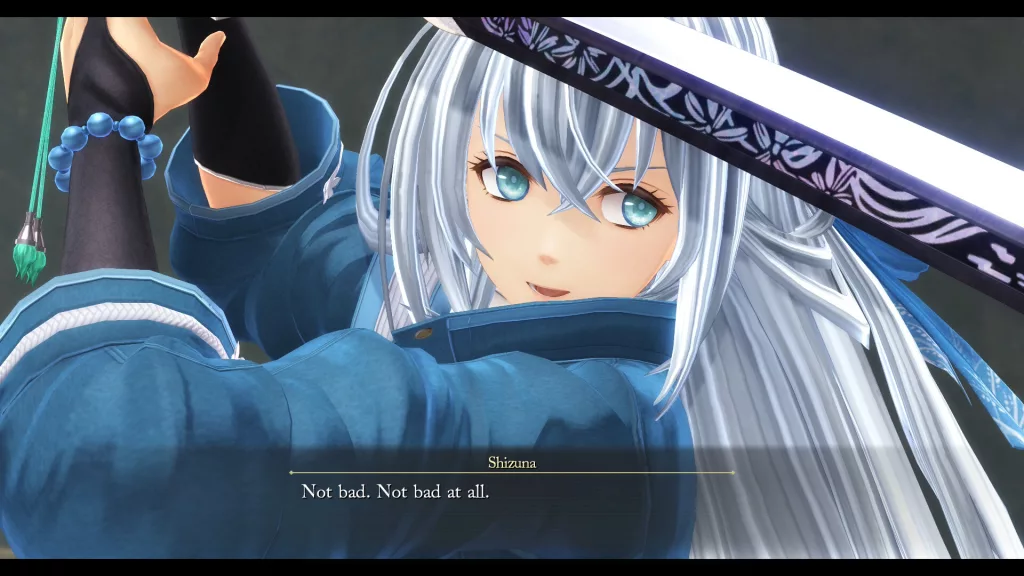 Shizuna, a silver-haired warrior, confidently holds her sword while delivering a line of dialogue.