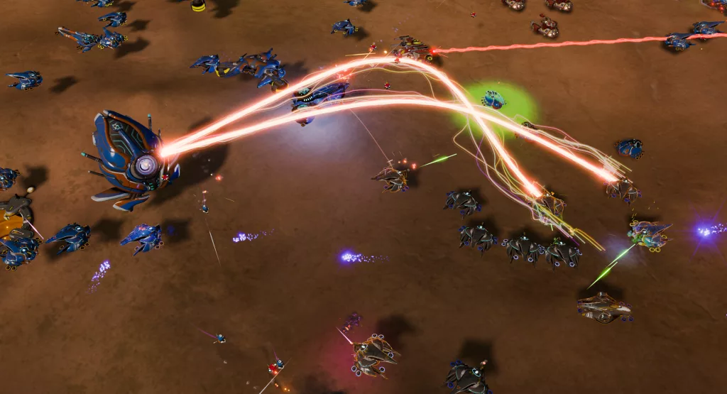 A large-scale sci-fi battle in Ashes of the Singularity: Escalation, with futuristic spacecraft and energy weapons engaging in combat.