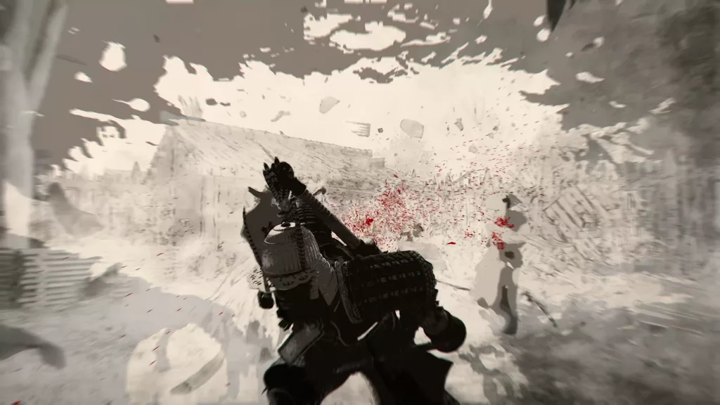 A monochrome screenshot from Assassin's Creed Shadows showing a first-person perspective of a character wielding a large weapon, with red blood splatter and a blurred background suggesting motion and violence.