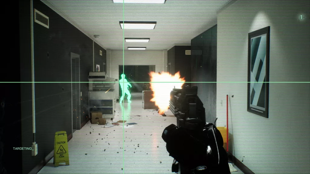 First-person view of RoboCop engaging in a shootout inside a dimly lit office corridor, with a green-highlighted target in the distance. The perspective is framed through RoboCop’s targeting system, showing a gun firing with a bright muzzle flash.