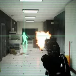 First-person view of RoboCop engaging in a shootout inside a dimly lit office corridor, with a green-highlighted target in the distance. The perspective is framed through RoboCop’s targeting system, showing a gun firing with a bright muzzle flash.