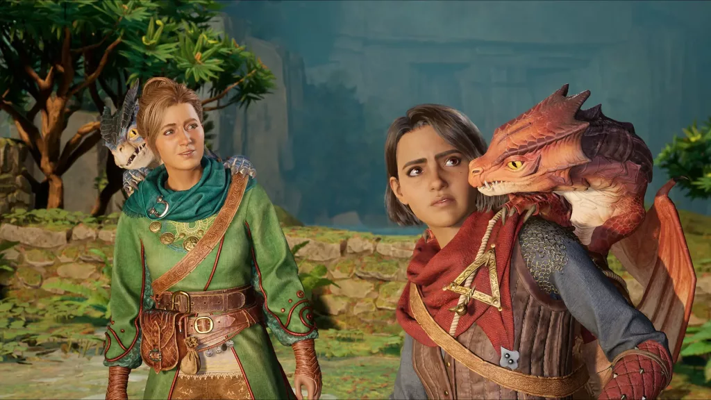 Two characters, Nayomi and Rook, stand in a lush, green fantasy setting with their companion dragons perched on their shoulders. Nayomi, dressed in a green and gold outfit, looks towards Rook with a gentle smile, while Rook, wearing a red and gray ensemble, appears wary as their dragon watches intently.