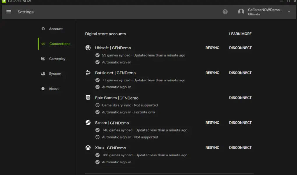 A screenshot of the GeForce NOW Settings menu, specifically the Connections tab, showing several digital store accounts linked, including Ubisoft, Battle.net, Epic Games, Steam, and Xbox.