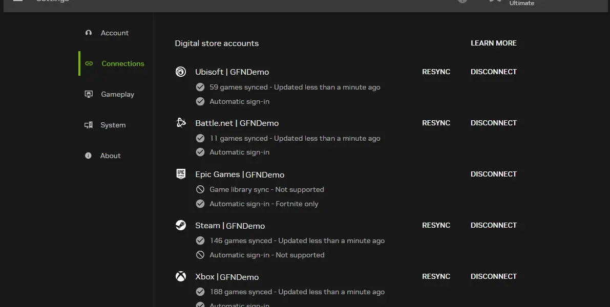 A screenshot of the GeForce NOW Settings menu, specifically the Connections tab, showing several digital store accounts linked, including Ubisoft, Battle.net, Epic Games, Steam, and Xbox.