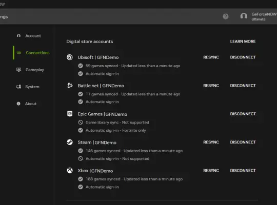 A screenshot of the GeForce NOW Settings menu, specifically the Connections tab, showing several digital store accounts linked, including Ubisoft, Battle.net, Epic Games, Steam, and Xbox.