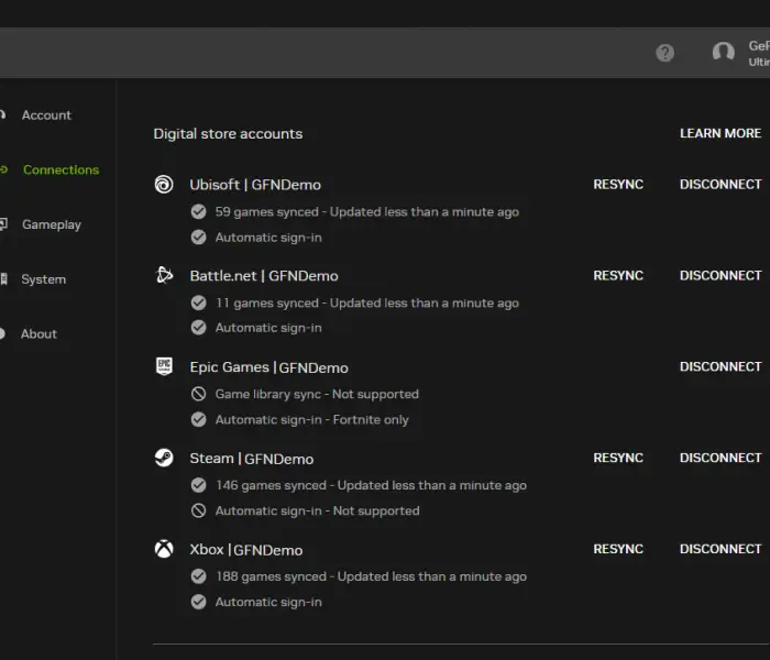 A screenshot of the GeForce NOW Settings menu, specifically the Connections tab, showing several digital store accounts linked, including Ubisoft, Battle.net, Epic Games, Steam, and Xbox.