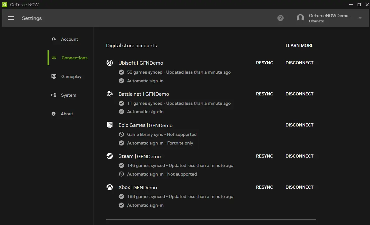 A screenshot of the GeForce NOW Settings menu, specifically the Connections tab, showing several digital store accounts linked, including Ubisoft, Battle.net, Epic Games, Steam, and Xbox.