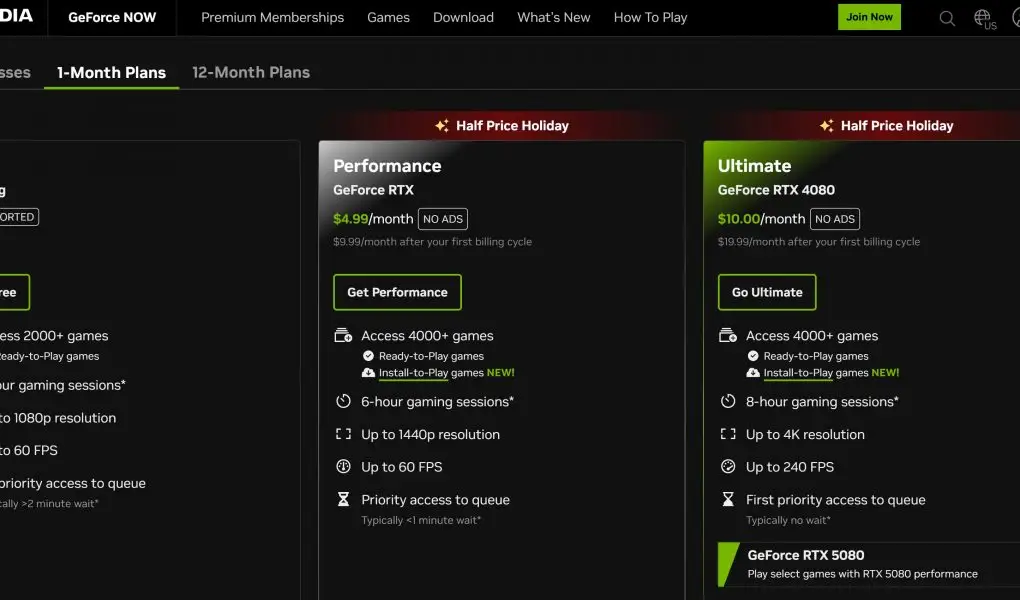 A screenshot of the GeForce NOW membership options page showing three tiers: Free, Performance, and Ultimate, with holiday sale prices and feature comparisons.