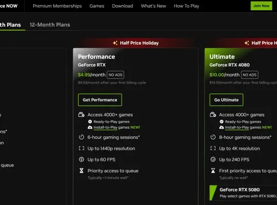 A screenshot of the GeForce NOW membership options page showing three tiers: Free, Performance, and Ultimate, with holiday sale prices and feature comparisons.