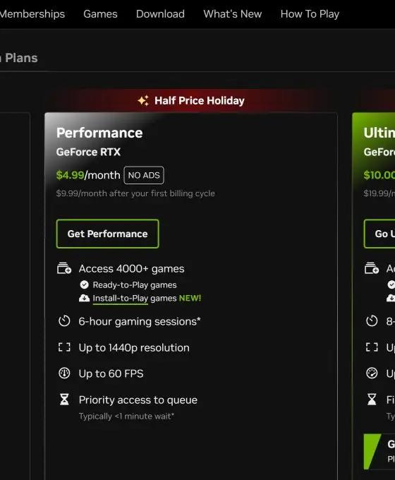 A screenshot of the GeForce NOW membership options page showing three tiers: Free, Performance, and Ultimate, with holiday sale prices and feature comparisons.