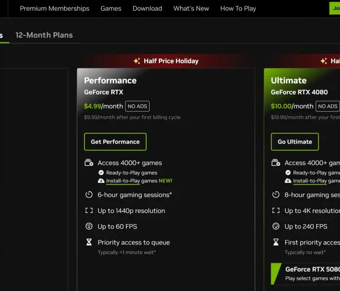 A screenshot of the GeForce NOW membership options page showing three tiers: Free, Performance, and Ultimate, with holiday sale prices and feature comparisons.