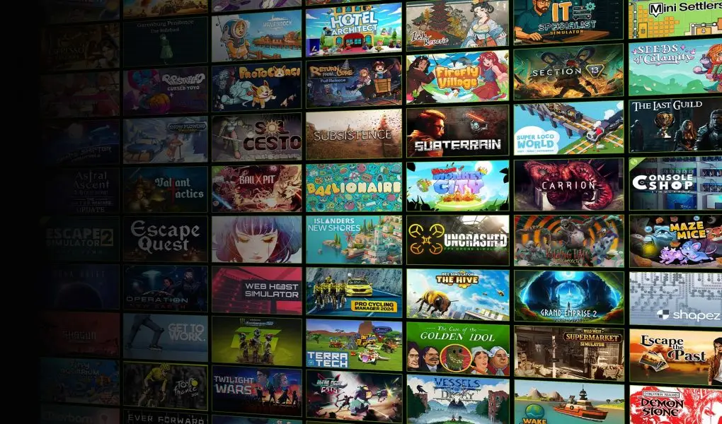 A dense collage of video game box art and logos, representing many different titles available through the GeForce NOW cloud gaming service.