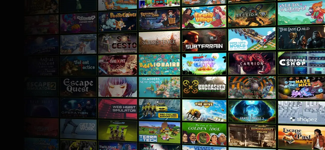 A dense collage of video game box art and logos, representing many different titles available through the GeForce NOW cloud gaming service.