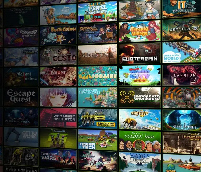 A dense collage of video game box art and logos, representing many different titles available through the GeForce NOW cloud gaming service.