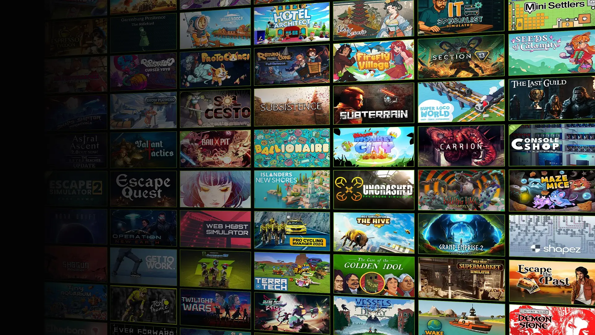 A dense collage of video game box art and logos, representing many different titles available through the GeForce NOW cloud gaming service.