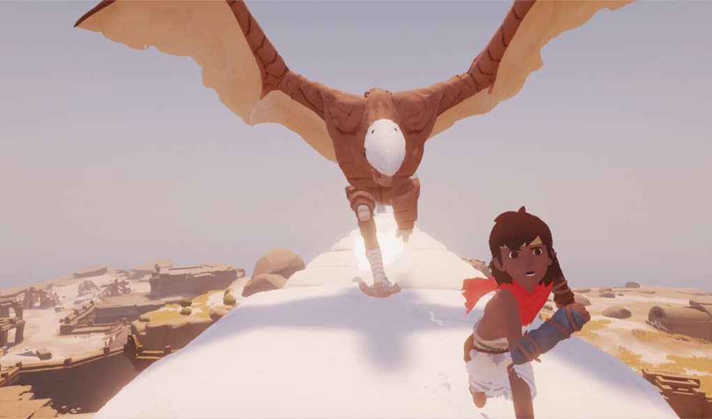 A bright, stylized screenshot from the puzzle-adventure game Rime, showing a small boy running away from a large, flying, bird-like creature across a white, snow-covered or sun-bleached landscape.