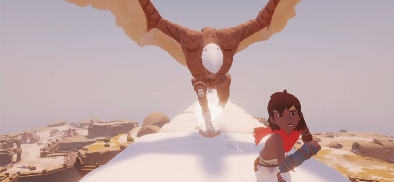 A bright, stylized screenshot from the puzzle-adventure game Rime, showing a small boy running away from a large, flying, bird-like creature across a white, snow-covered or sun-bleached landscape.