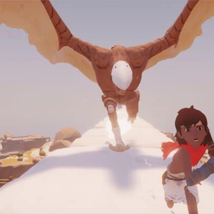 A bright, stylized screenshot from the puzzle-adventure game Rime, showing a small boy running away from a large, flying, bird-like creature across a white, snow-covered or sun-bleached landscape.