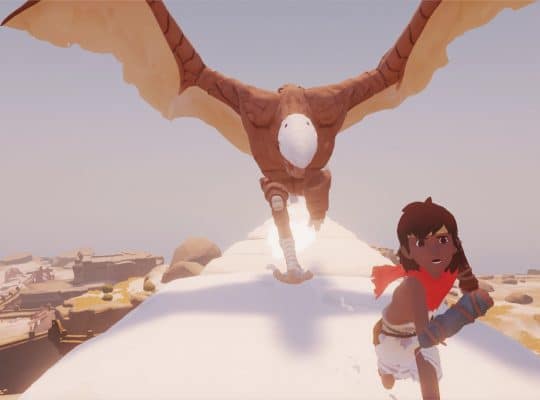 A bright, stylized screenshot from the puzzle-adventure game Rime, showing a small boy running away from a large, flying, bird-like creature across a white, snow-covered or sun-bleached landscape.