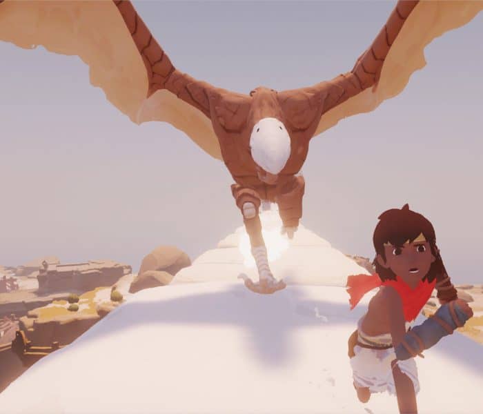 A bright, stylized screenshot from the puzzle-adventure game Rime, showing a small boy running away from a large, flying, bird-like creature across a white, snow-covered or sun-bleached landscape.