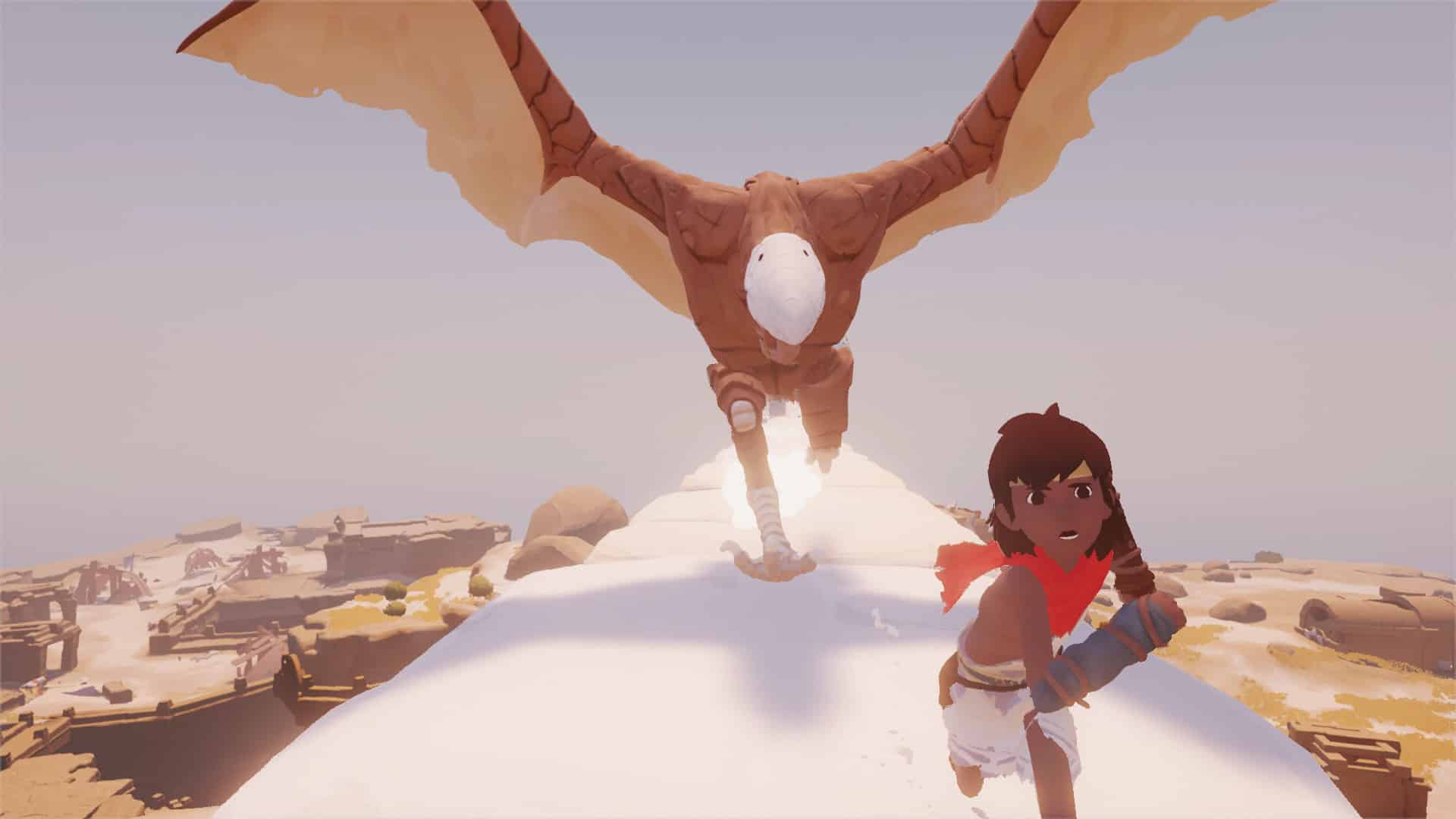 A bright, stylized screenshot from the puzzle-adventure game Rime, showing a small boy running away from a large, flying, bird-like creature across a white, snow-covered or sun-bleached landscape.