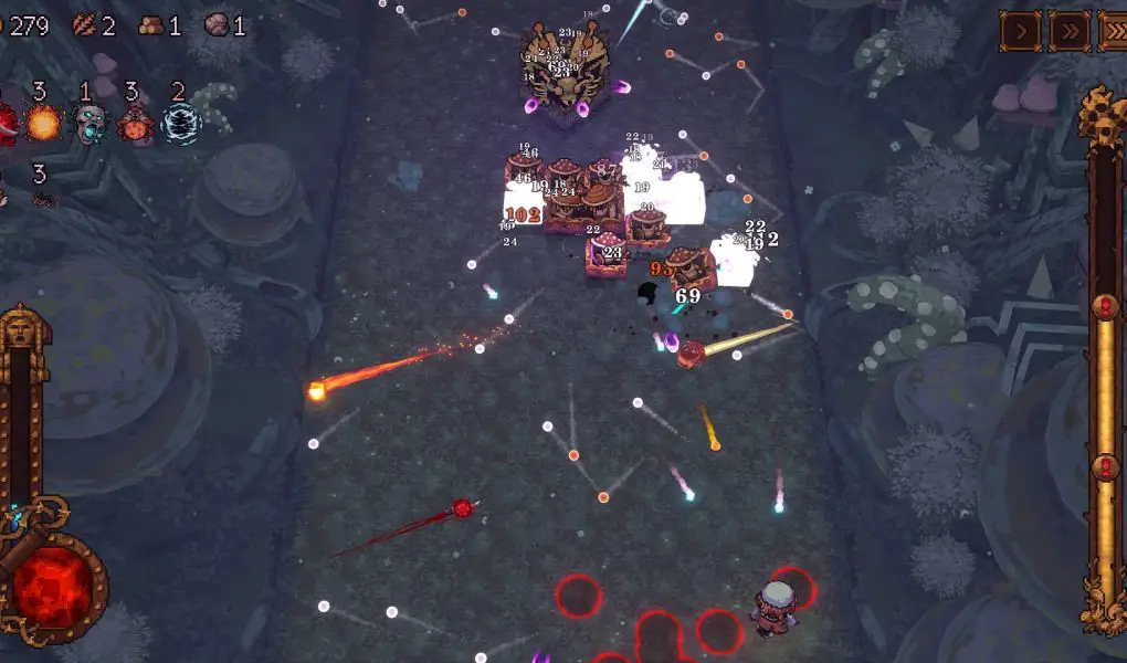 A top-down screenshot from the roguelite game BALL x PIT, showing the player character near the bottom center firing a stream of projectiles at groups of block-like enemies and a central mini-boss, with damage numbers and an interface displaying resources and stats.