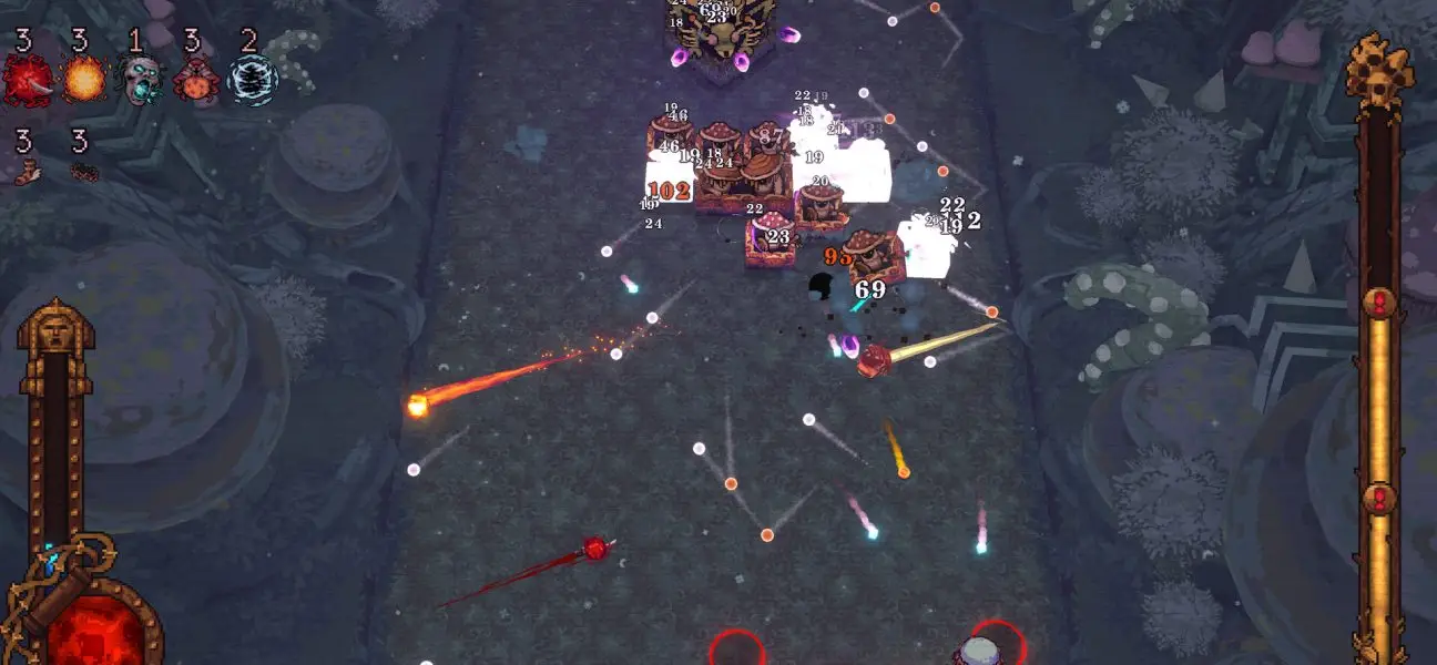 A top-down screenshot from the roguelite game BALL x PIT, showing the player character near the bottom center firing a stream of projectiles at groups of block-like enemies and a central mini-boss, with damage numbers and an interface displaying resources and stats.