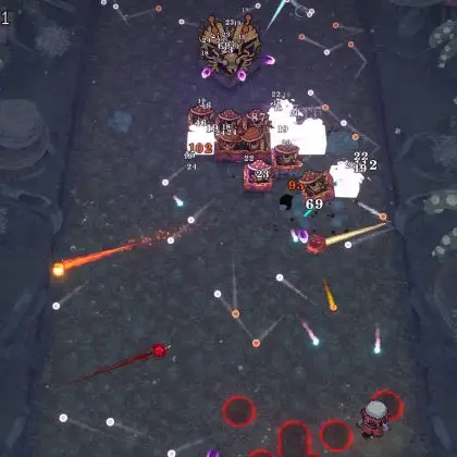 A top-down screenshot from the roguelite game BALL x PIT, showing the player character near the bottom center firing a stream of projectiles at groups of block-like enemies and a central mini-boss, with damage numbers and an interface displaying resources and stats.