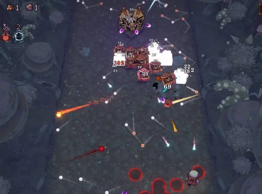 A top-down screenshot from the roguelite game BALL x PIT, showing the player character near the bottom center firing a stream of projectiles at groups of block-like enemies and a central mini-boss, with damage numbers and an interface displaying resources and stats.