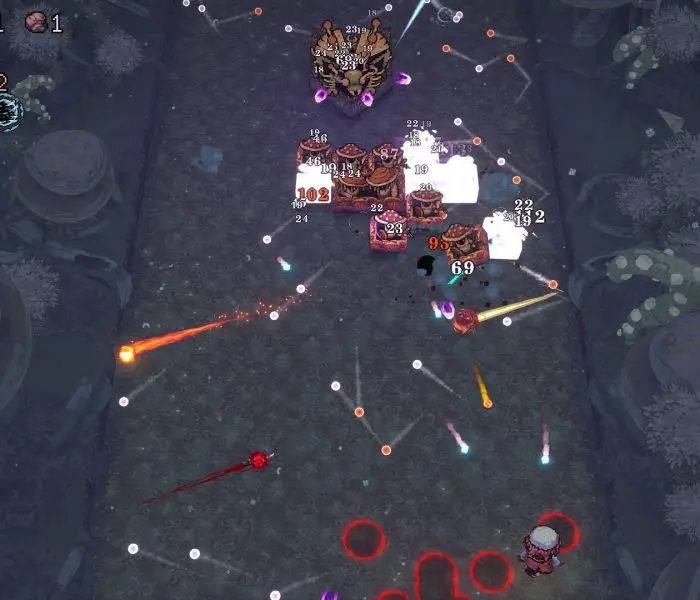 A top-down screenshot from the roguelite game BALL x PIT, showing the player character near the bottom center firing a stream of projectiles at groups of block-like enemies and a central mini-boss, with damage numbers and an interface displaying resources and stats.